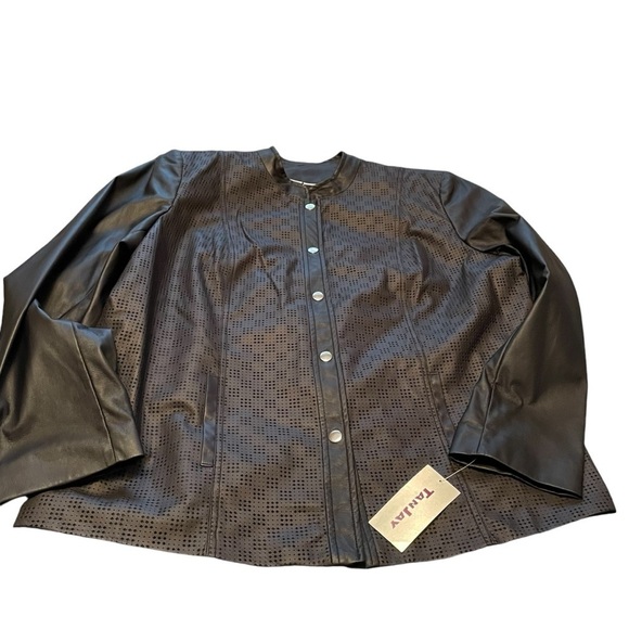 Plus Size TanJay Faux Leather Black Jacket-Domed Front-Perforated Design-Size 18 - Picture 3 of 8